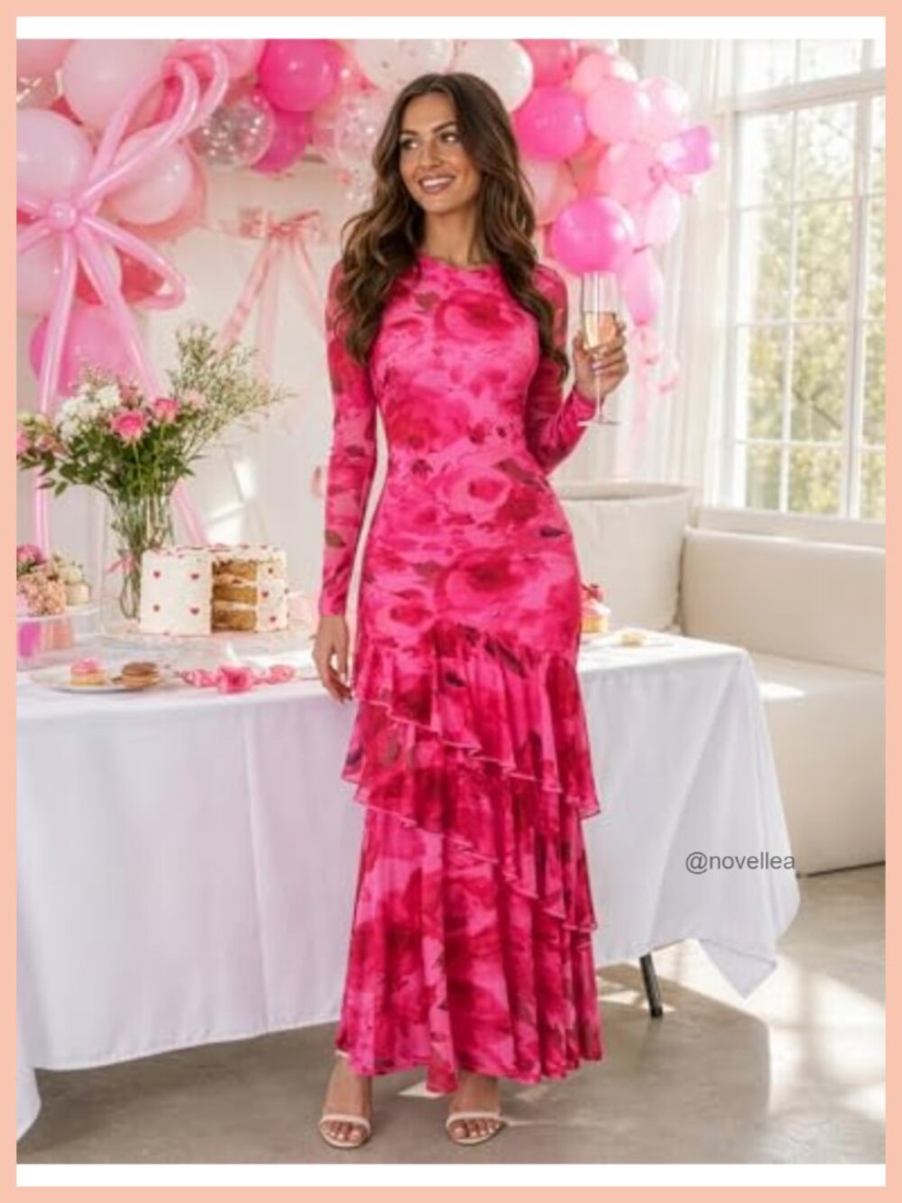 Women's Floral Mesh Mermaid Maxi Dress Long Sleeve Formal Wedding Guest Bodycon - Picture 2 of 6